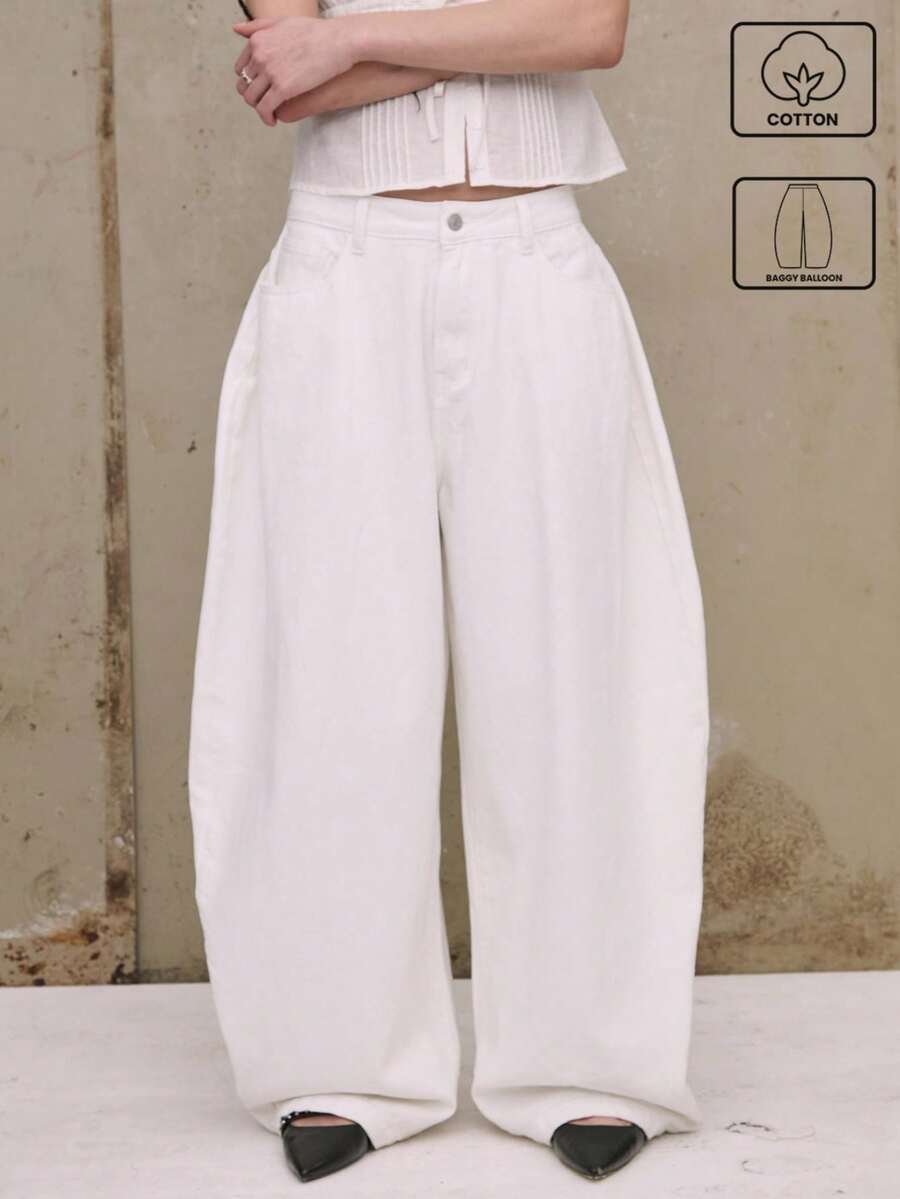 COUREZ Celana Jeans Unisex Wanita Pria Model Y2K Model Barrel Balloon Fit Low Rise Vintage 100% Katun - Putih - View 1