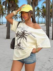 Muchica 新款热带印花休闲宽松单肩女式T恤 - 淡黃色 - 查看 6