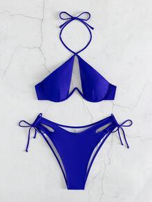 Bikini hở lưng thắt nút chéo hở lưng mùa hè Bikini bikini gọng màu xanh lam - Xanh đậm - Xem 6