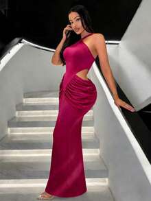 INAWLY 女士优雅露肩吊带性感修身褶皱长裙，夏季，女士夏季服装，夏季服饰，情人节，女士情人节装扮，派对，海滩，毕业典礼，优雅，正式，女士正装，性感，度假，女士度假装扮，时尚休闲通勤装，商务办公装，百搭时尚休闲日常装 - 酒紅色 - 查看 3