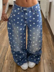 StreetHx Star Print Ombre Slant Pocket Loose Fit Denim Jeans - Blue - View 2