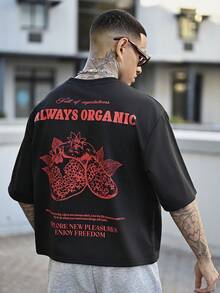 Devon Thys 男士夏季标语和石榴印花宽松休闲短袖T恤 - 黑色 - 查看 2