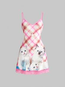 ROMWE Kawaii Y2K格子猫咪印花度假休闲街头无袖迷你连衣裙（女款） - 彩色 - 查看 2