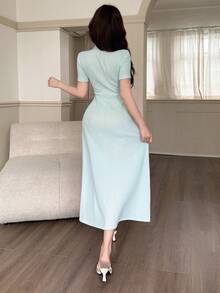 Feyla 女士优雅纯色立领短袖连衣裙，日常穿着 - 藍色 - 查看 5