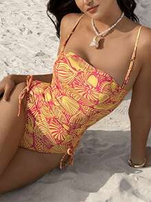 Swim Vcay Traje de baño de una pieza con estampado total y drapeado, adecuado para vacaciones en la playa, fiestas en la piscina y fiestas en la playa - Multicolor - Ver 4