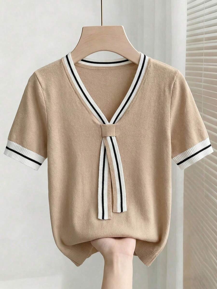 EMERY ROSE 女士休闲撞色条纹短袖针织上衣，春夏 - 卡其色 - 查看 1