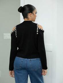 Melissa Matos 女士时尚通勤珍珠装饰露肩T恤 - 黑色 - 查看 2