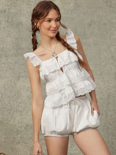 WESTFADE Scoop Neck Tie Front Keyhole Cut Out Tiered Ruffle 100% Cotton & Floral Eyelet Top Spring, Summer, Resort Wear, Cute, Casual, Coastal Cowgirl, Boho, Farmers Market, Vacation, Beach, Festival, Western Wear