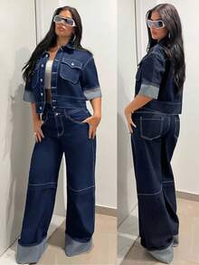 SHEIN Tall 女士休闲时尚街头风日常通勤翻盖口袋牛仔夹克，夏季 - 深色水洗藍 - 查看 1