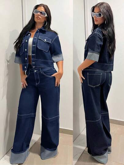 SHEIN Tall Women's Casual Fashion Street Chic Daily Commute Flap Pocket Denim Jacket, Summer