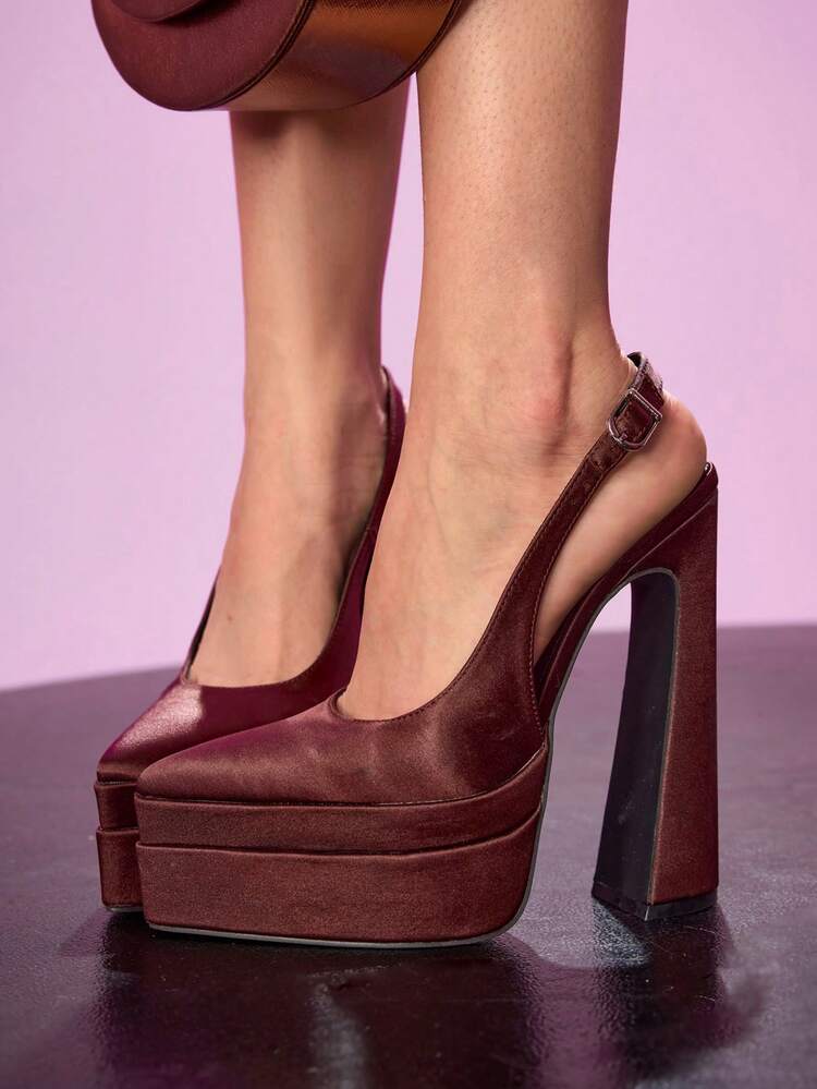 CUCCOO LuxiPop Women Shoes Outdoor Women's Pointed Thick High Heel Double-Layer Waterproof Table Satin Fabric Stylish, Simple And Comfortable Buckle For Daily Parties And Banquets Dew Heel Solid Color Shoes 2000s Style