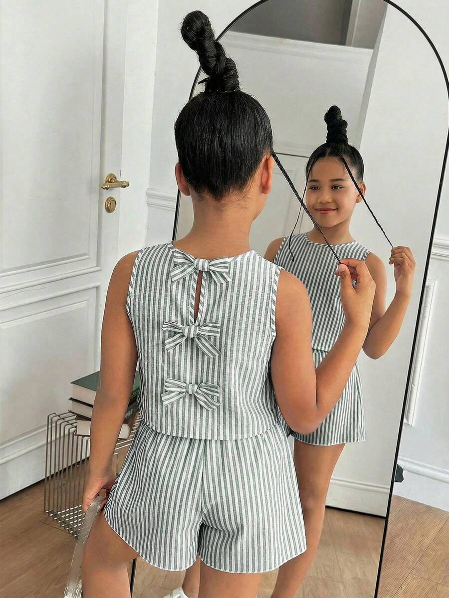 SHEIN Tween Girls Casual Daily Blue Striped Bow Back Tank Top And Shorts 2 Pieces Set Summer Two Piece Set For Teen Girls Striped Set Girls Two Piece Set Tween 8 Year Old Girl Two Piece Set Striped Two Piece Set Tween - Olive Green - View 1