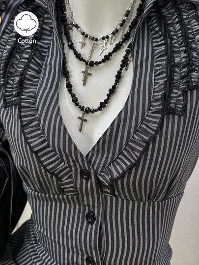 Jeanoix Women's Sexy Retro Striped Fabric Fitted Blouse Goth Top Black Striped Top Gothic Blouses