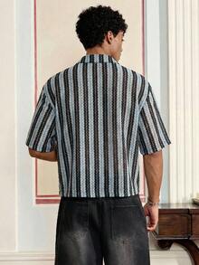 SWAVVY Men's Textured Striped Short Sleeve Shirt, Spring/Summer - Blue - View 2