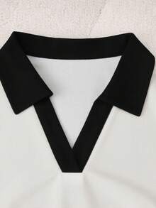 SHEIN Franclia 女士休闲撞色翻领露脐上衣 - 黑與白 - 查看 5