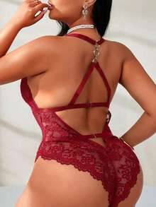 2pcs Plus Size Lace Wireless Lingerie Set, Intimate Apparel For Valentine's Day - Burgundy - View 2