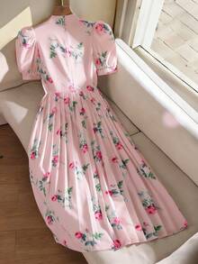 1 pieza Vestido largo de verano elegante y dulce para adolescentes, con cuello en color albaricoque, detalle de lazo, mangas cortas, cintura ajustada y falda plisada, ideal para uso diario, compras, fiestas de jardín y talla grande - Rosa Pálido - Ver 2