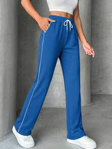 EURMUSE Drawstring Waist Sweatpants, Fashionable For Summer ,Petite Women - Navy Blue - View 3