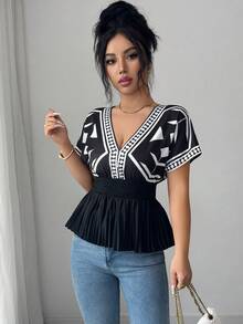 SHEIN Elenzya 女士优雅V领印花褶裥下摆黑色衬衫，适合休闲外出、约会、夏季度假、海滩穿着 - 黑與白 - 查看 4