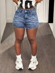 Slaydiva Shorts vaqueros casuales de cintura alta con bolsillos y contraste de color para mujer - Azul lavado oscuro - Ver 4
