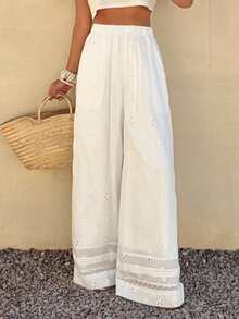 DAZY Women's Floral Embroidery Hollow Out Elastic Waist Casual Pants - White - View 3