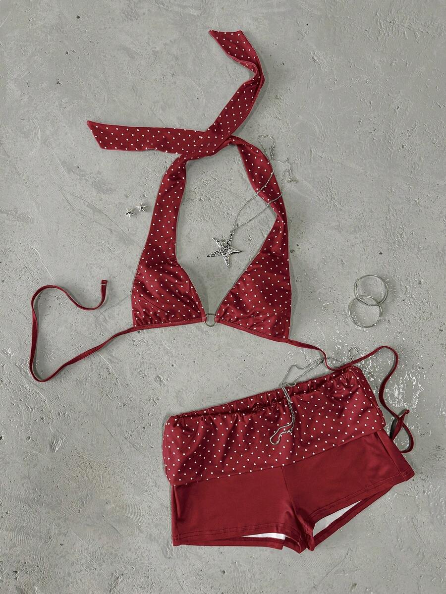 INAWLY Women's Beach Vacation Casual Polka Dot Print Halter Top & Shorts 2 Pieces Set - Red - View 1