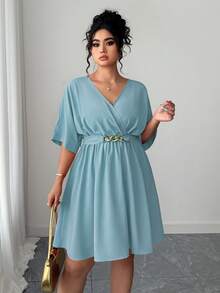 Elenzga 女士休闲V领收腰短款优雅红色晚礼服，夏季 - 淺藍色 - 查看 3