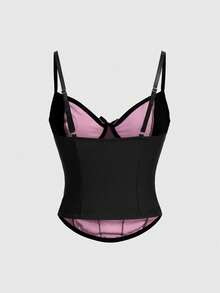 ROMWE Goth Y2K性感撞色蕾丝腰部抽绳装饰吊带背心，新年派对 - 粉色 - 查看 2