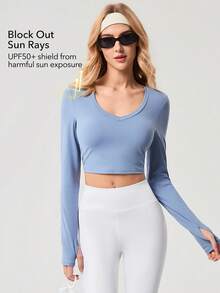 OutZeal Workout Tops Women Sports Tee Gym Yoga Pilates Cool Touch UV Protection Bra-In Back Mesh Cropped Tops - Blue - View 3