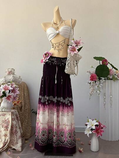 SuriyaCove Women's Gradient Floral Print Cinched Waist Skirt, Suitable For Spring, Summer And Autumn Beach/Holiday Wear