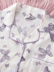 SHEIN Conjunto de 2 piezas de ropa de descanso informal para niña preadolescente con pantalones estampados con mariposas y blusa de manga corta holgada, de tela suave y texturizada en color púrpura - Albaricoque - Ver 5