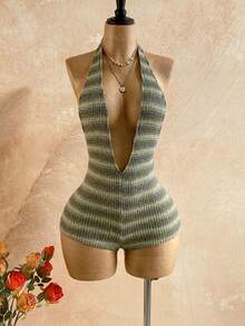 Soleia Women's Vacation Sequin Shiny Leopard Print Knit Textured Deep V Backless Sexy Bodysuit, Fashionable Fitted Romper For Party, Date, Afternoon Tea, Boho Beach Summer Outfit - Multicolor - View 5