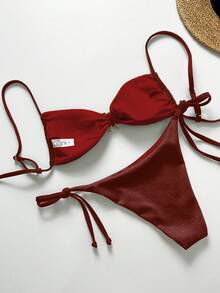 Swim Vcay Women's Solid Color Textured Fabric Metal Decor Backless Tie Sexy Bikini Set, Suitable For Beach & Holiday - Red - View 2