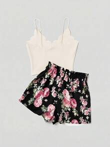 Coeurva 纯色扇形边饰短款吊带背心和印花腰带短裤夏季女士两件套沙滩套装 - 杏色 - 查看 10