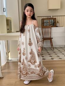 DAZY 少女休闲波西米亚度假风佩斯利印花露肩灯笼袖宽松连衣裙，春夏秋季 - 杏色 - 查看 8