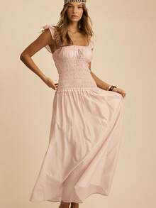Aralina Robe longue évasée femme à encolure carrée, manches volantées, taille froncée et resserrée à la taille. Robe de mariage pour invitée, robe d'événement, robe de remise des diplômes, robe d'été, couleur rose - Rose pâle - Voir 8