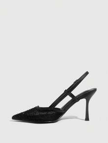 CUCCOO SZL Women's Pointed Toe High Heel Black Mesh Rhinestone Embellished Fashionable Sexy Glamorous Party Occasion Stilettos With Ankle Strap Spring Shoes - Black 2 - View 5