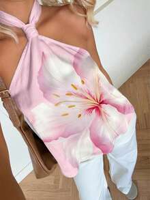 SHEIN EZwear Áo kiểu nữ casual hở lưng, buộc dây phía trước, họa tiết hoa, thích hợp cho kỳ nghỉ. - Nhiều màu - Xem 4
