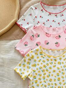 SHEIN LMoss Kids Dozemod 女嬰 6 件組可愛卡通熊與花卉印花荷葉邊短袖上衣與長褲針織睡衣套裝，白色與粉色，夏季，度假 - 彩色 - 查看 4