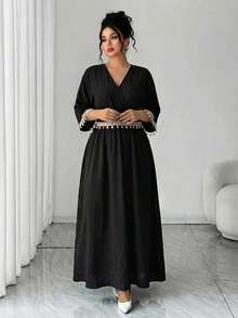 Linhara CURVE Women's Summer Solid V-Neck Ruffle Trim Waist Midi Dress, Lightweight Elegant Commuter Dress Suitable For Daily Commute, Evening Party, Holiday Celebration, Teacher's Day, Mother's Day - Black - View 3