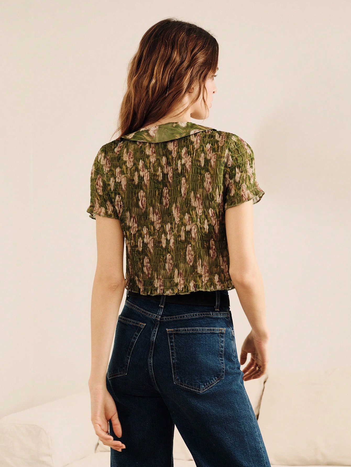 Green Short Sleeve Gathered Crop Top With Baby Doll Collar Spring Summer Vacation French Style Parisian Style Cute Top Going Out Office Cute Vintage Top