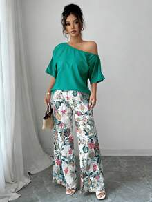 Selianne 2pcs/Set Summer Casual Cold-Shoulder Top And Floral Print Pants - Green - View 6