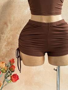Soleia Women's 2 In 1 Ruched Halter Tie Top And Shorts Casual Daily 2-Piece Set - Brown - View 5