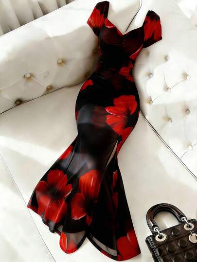 Franclia Elegant U-Shaped Neck Short Sleeves Waist High Slit Mesh Printed Fabric Spring And Summer Elegant Dresses For Women Women's Holiday Dresses Women's Floral Dresses Women's Beach Dresses Women's Summer Dresses Women's Holiday Outfit Dresses Women's Design Dresses Women's Festival Dresses Wedding Party Dresses Elegant Long Dresses Floral Print Dress Bodycon Dress Red Floral Dress Maxi Dress Classy Clothes Flower Print Dress Woman Dress Spring Summer Picks