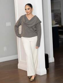 Melissa Matos 女士保暖防寒羊毛针织衫，披肩领设计，新款秋冬长袖宽松上衣，休闲时尚简约针织衫，圣诞套头衫，通勤百搭。 - 摩卡棕 - 查看 3