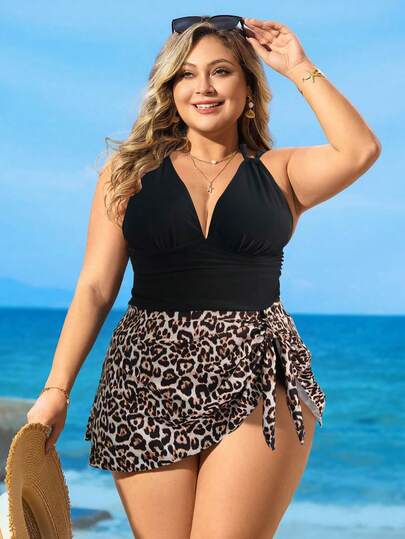 Swim Vcay Plus Size Women's Printed 2-Piece V-Neck Spaghetti Strap Dress & Triangle Bikini Swimsuit Set