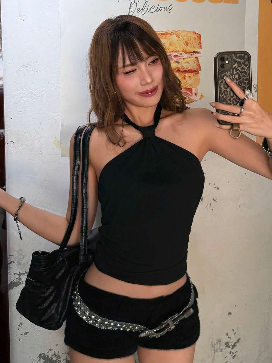 Rina Fox Camiseta de tirantes finos para mujer, top de punto sin mangas y con espalda descubierta, para verano - Negro - Ver 1