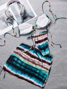 SHEIN Swim Tie Dye Fabric Metal Decor Drawstring Design Elegant Women Swimwear Set, Suitable For Vacation - Multicolor - View 2