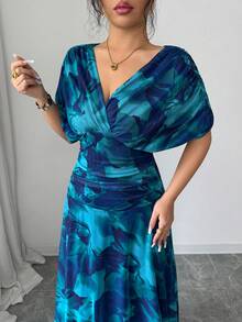 Modelyn Women's Elegant Tie Dye Floral Print Long Knit Dress - Aqua Blue - View 4