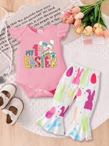 2 Stück süße Baby Mädchen Set mit Häschen & Ei Aufdruck, Rüschenärmel Co-Ords & bunte Häschen Ei Muster Weite Hose, geeignet für Ostern Frühling/Sommer Schmetterlingsfest Baby Mädchen Outfit, süße Sets, Mehrfarbiges Outfit für Mädchen, Baby Mädchen Ostern Outfit, Mein 1. Ostern Outfit, Baby Mädchen Outfit Leggings Set, Große Schwester Outfit, Hosen Anzug für Mädchen, Weiche Sommer Outfits, Baby Mädchen Bekleidung, Outfit des Tages für Baby Mädchen 1 bis 2 Jahre alt - Verschiedenfarbig - Übersicht 5